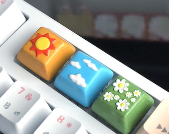 Kawaii Pastel Sky Artisan Keycap Set (Sun, Daisy, Cloud) | Handmade Keycaps Cute Flower Keycaps for Mechanical Keyboard Cherry MX Switch