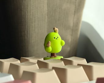 Handmade Resin Artisan Keycap: Neon Green Smiley Tree & Tiny Bird | Cute Nature Theme 1U Keycap | Fluorescent Color for Cherry MX Switch