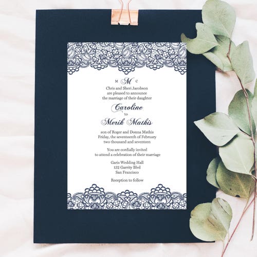 Wedding Invitation Template vintage Lace Navy | Etsy