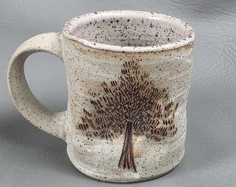 Speckled Hand Thrown Studio Ceramic Mug Tree Design Drip Glaze Sun Peace Sign Backstamp