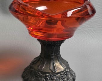 MCM Mid Century Modern Persimmon Orange Regency Style Viking Glass Ashtray on Ornate Metal Pedestal