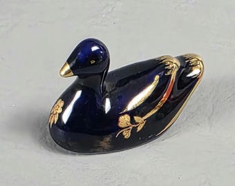 Miniature Limoges France Duck Cobalt Blue Porcelain Gold Tone Accent Figurine