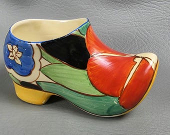 Bizarre Fantasque by Clarice Cliff Handpainted Flowers & Leaves Pattern Sabot or Clog c1930 Newport Pottery England