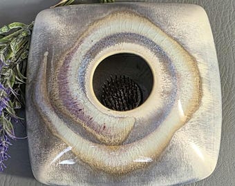 Ceramic Artist Signed Purple Blue and Beige Flower Frog Ikebana Vase