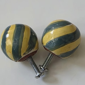 Pair of 1997 Ceramic McKenzie Childs Green and Yellow Dresser Drawer Pulls Knobs