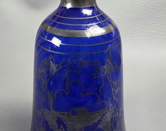 Cobalt Blue Decanter with Silver Overlay Gondola Flowers Stunning