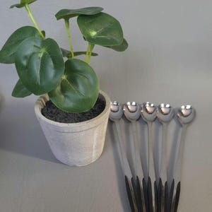 May include: A small artificial green plant in a light gray textured pot positioned next to five long-handled stainless steel spoons with black accents on the lower portion of the handles, arranged in a fan shape on a neutral surface.