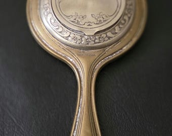 Antique Victorian Brass Mini Hand Mirror Compact Floral Repousse Powder Box Vanity Dated March 11, 1913