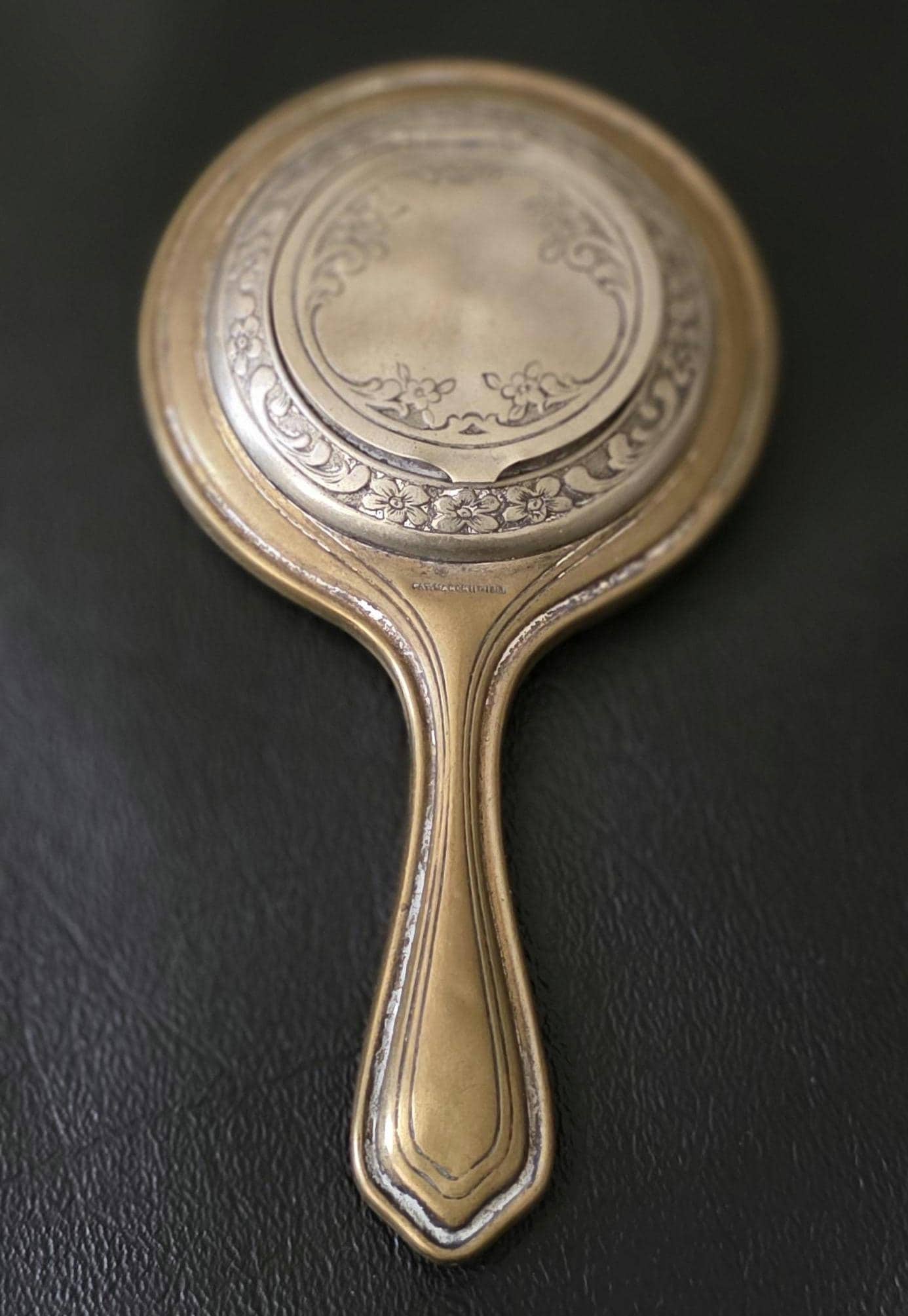 Antique Victorian Brass Mini Hand Mirror Compact Floral Repousse Powder Box Vanity Dated March 11, 1913
