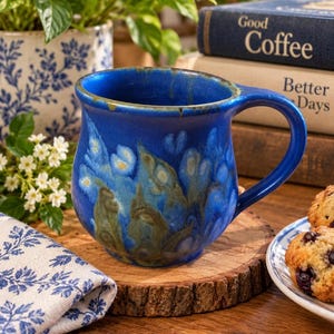 May include: A cobalt blue ceramic mug with a rounded body and a curved handle. The mug features a mottled glaze pattern in shades of deep blue, green, and white, creating a textured appearance. The rim has a subtle brownish-green accent.