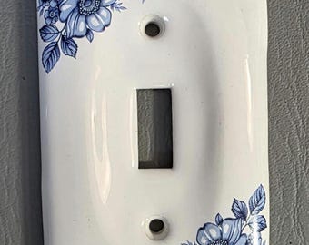 Vintage AmerTac White Blue Floral Porcelain Dual Light Switch Cover