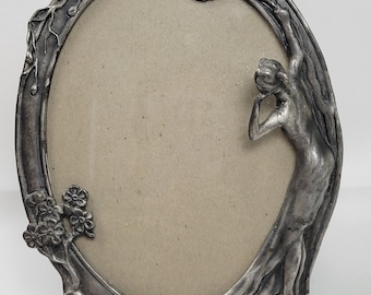 Vintage Pewter Art Nouveau Revival Lady Vanity Frame, Lady Looking at Photograph, Standing Oval Dressing Table Frame