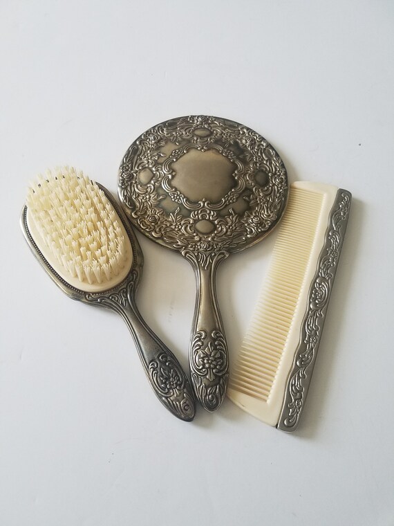 Vintage Silver Plate Dresser Set Comb Brush And Mirror Etsy