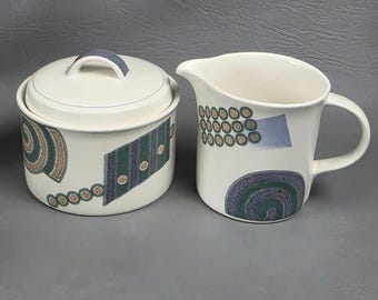 Mikasa Intaglio CAC18 Life Style Tan Green Blue Lidded Sugar Bowl And Creamer