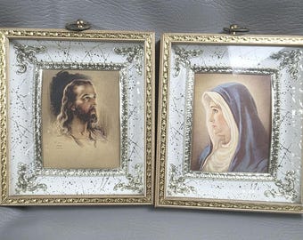 1941 Jesus and Mary Litho Hollywood Regency Gold White Metal Frame Altar Shrine Christ Religious Decor