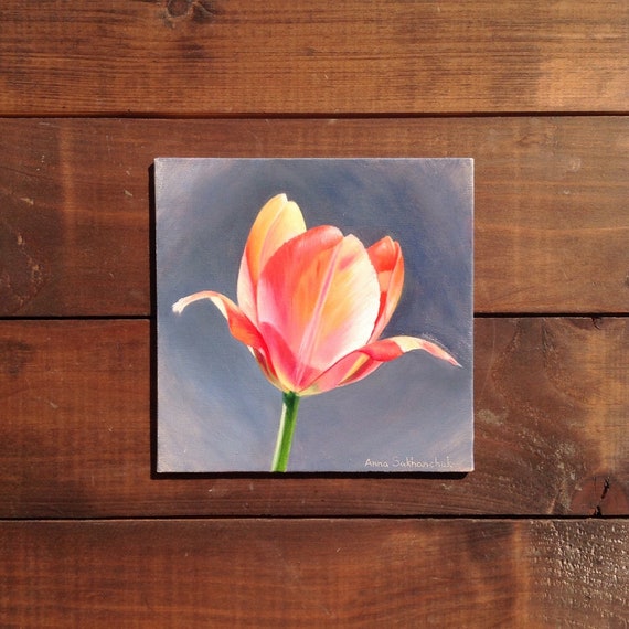 Light Orange Tulip Oil Painting Original Home Decor Wall Art Paintings Of Flowers On Canvas Plants Floral Black Green Small Square Blossom