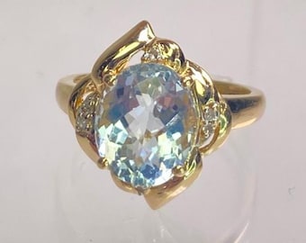 Vintage 14K Yellow Gold Oval Checkerboard Cut 4 Carat Aquamarine Ring Size 7.75 APPRAISED