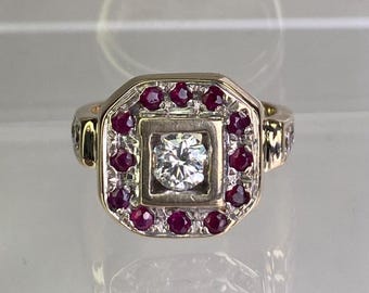 Art Deco 14K Diamond & Red Spinel Octagon Vintage Men's Ring Size 8