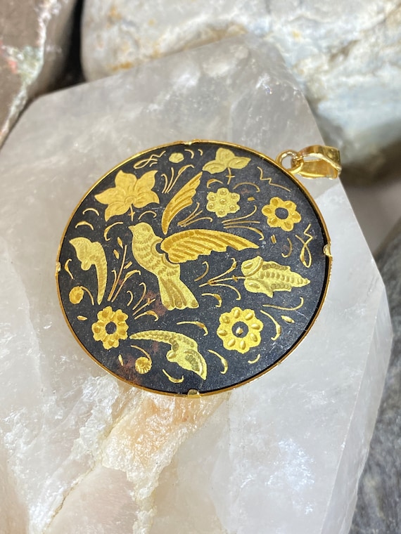 Vintage Round Damascene Gold Etched Bird & Flowers