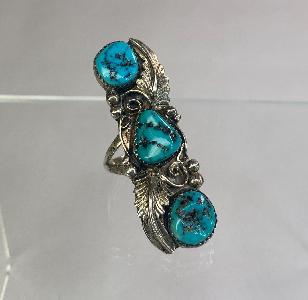 Vintage Running Bear 3 Stone Turquoise Whole Finger Ring Size 8 - Etsy
