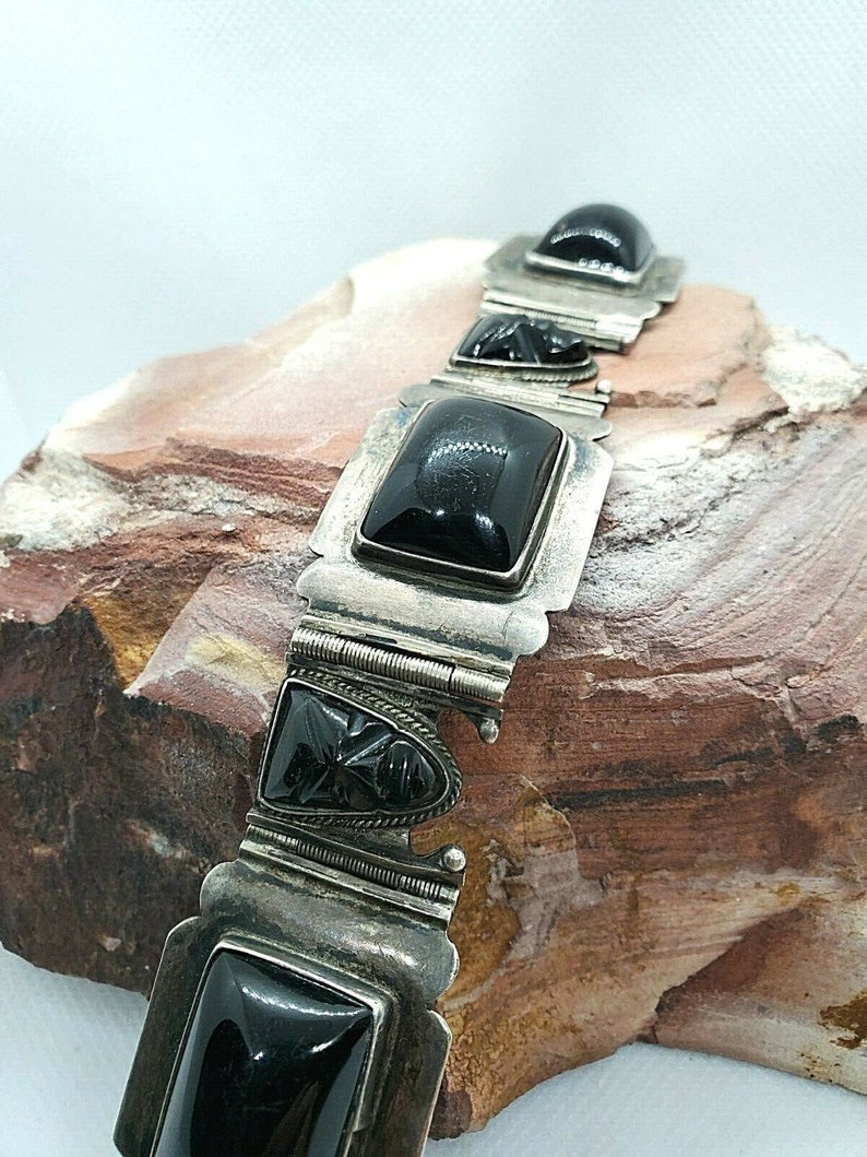 Sterling 8 Silver and Black Onyx Aztec Warrior 30.35mm Panel Bracelet **76.3g**