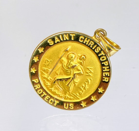Solid 14K Yellow Gold 21mm Saint Christopher Prot… - image 1