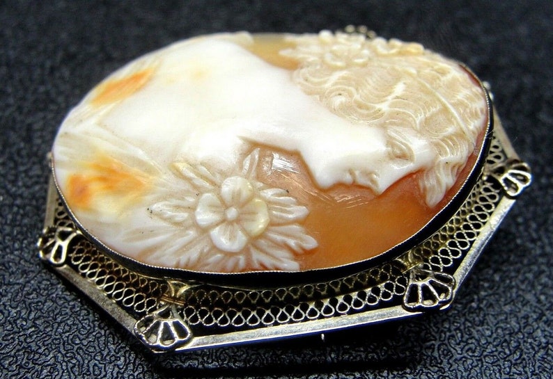 Vintage 14K White Gold Natural Shell Cameo Brooch /& Pendant 34x26mm