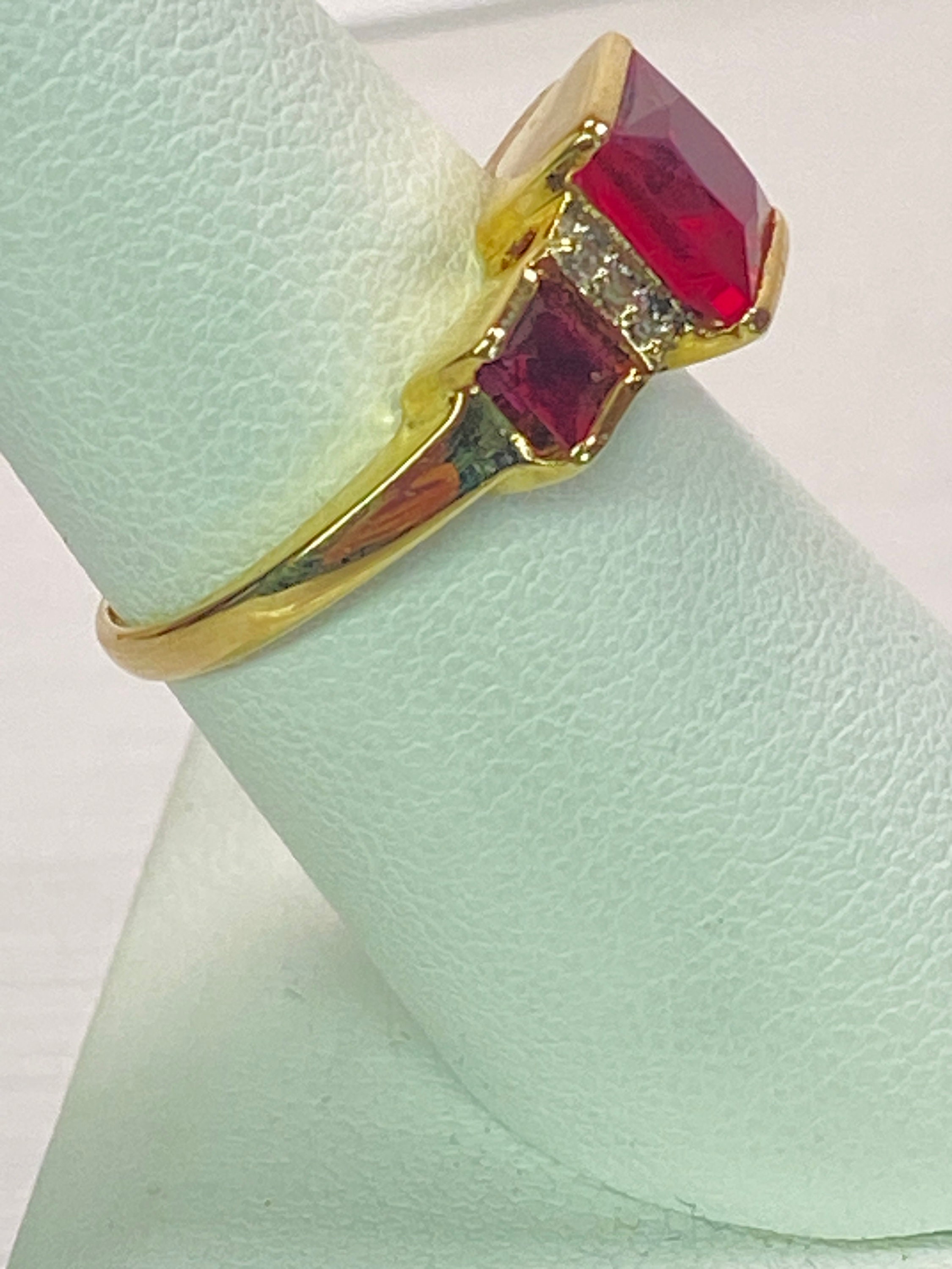 10K Yellow Gold 3 Carat Lab Princess Cut Ruby & Diamond 3 Stone Square ...