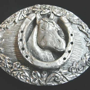 Vintage 1993 Horse Head Horseshoe Design Western Belt Buckle