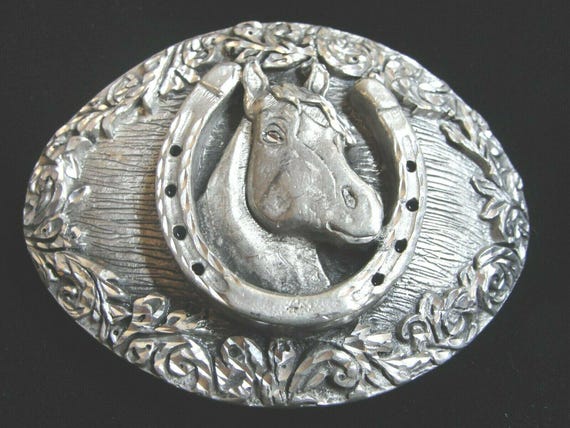 Vintage 1993 Horse Head Horseshoe Design Western Belt Buckle