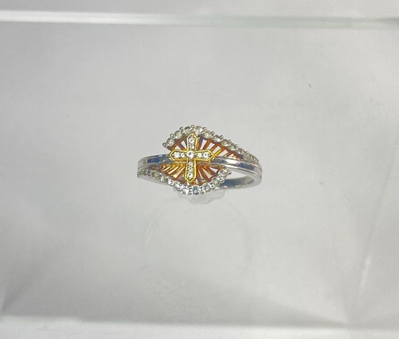 Sterling Silver Hypoallergenic Gold Cross Ring with Crystal Accent Size 10