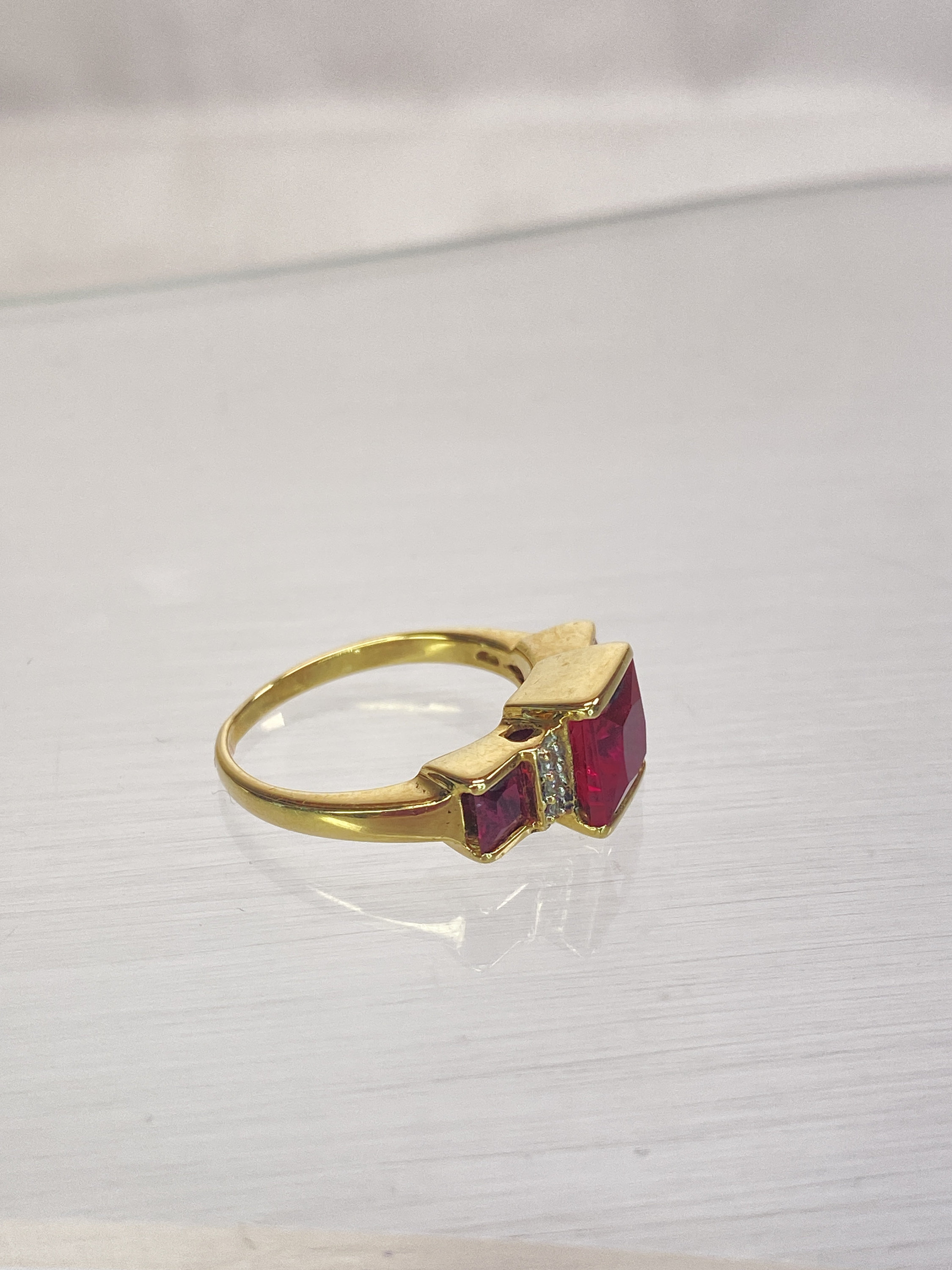 10K Yellow Gold 3 Carat Lab Princess Cut Ruby & Diamond 3 Stone Square ...