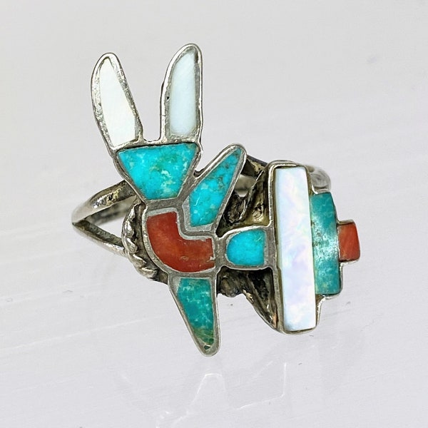 Vintage Native American Zuni Turquoise MoP Coral Rainbow Dancer Ring Size 7.25