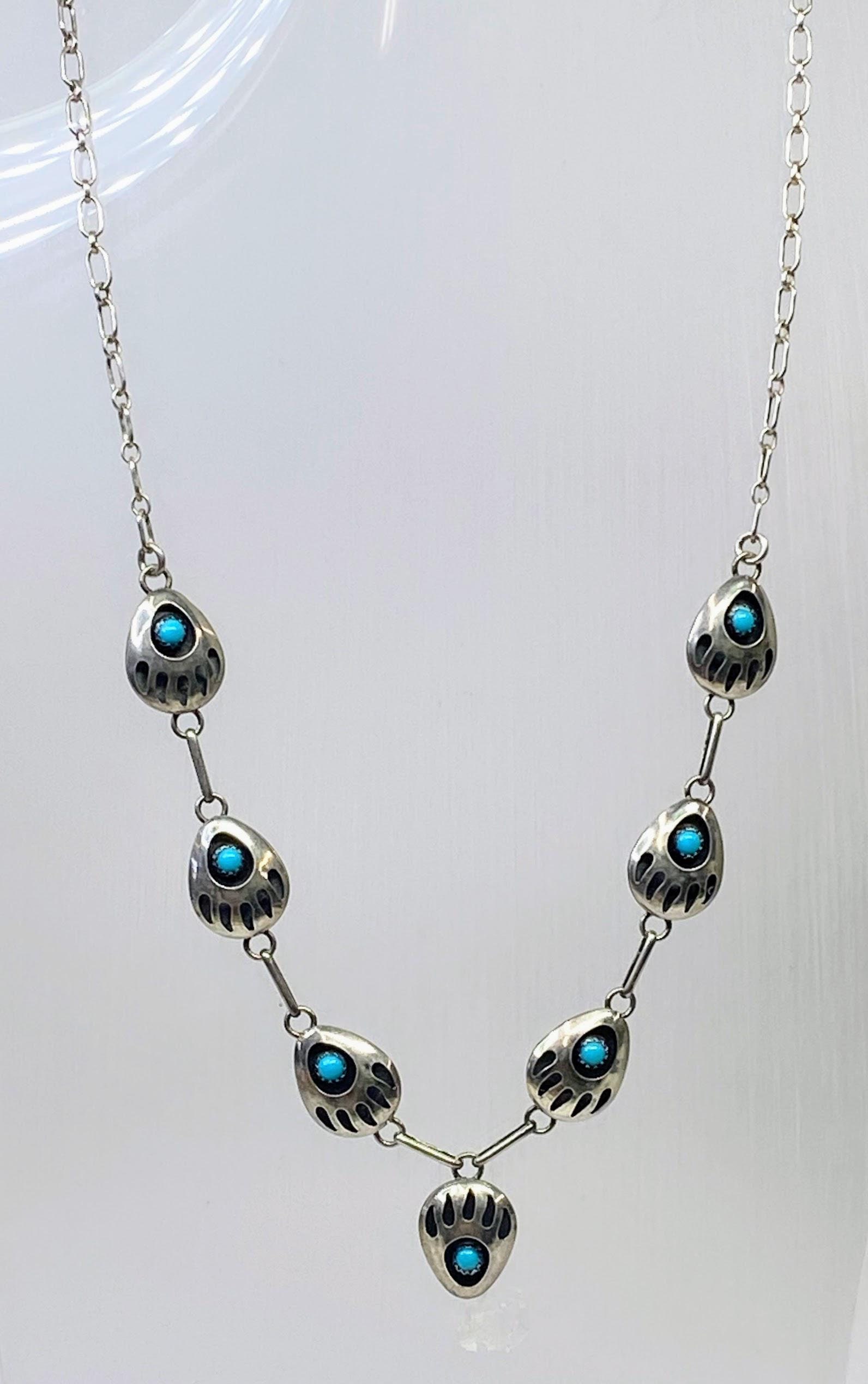 Navajo Turquoise Bear Paw Vintage Sterling Silver Shadowbox Necklace 20 ...