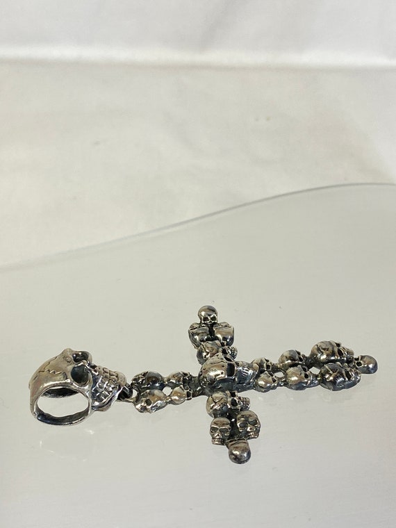 Sterling Silver Gothic Skull Cross Pendant Crown … - image 4