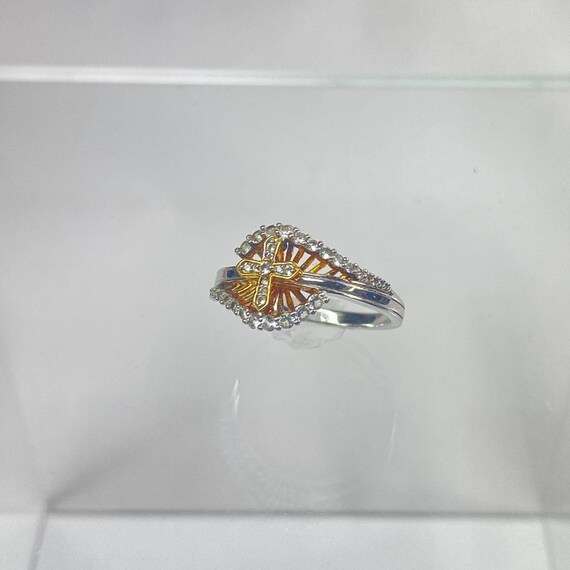Sterling Silver Hypoallergenic Gold Cross Ring with Crystal Accent Size 10 View 3