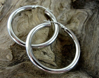 14K White Gold 1.25&quot; Womens Chunky Hoop Earrings Smooth Snap Back 3mm