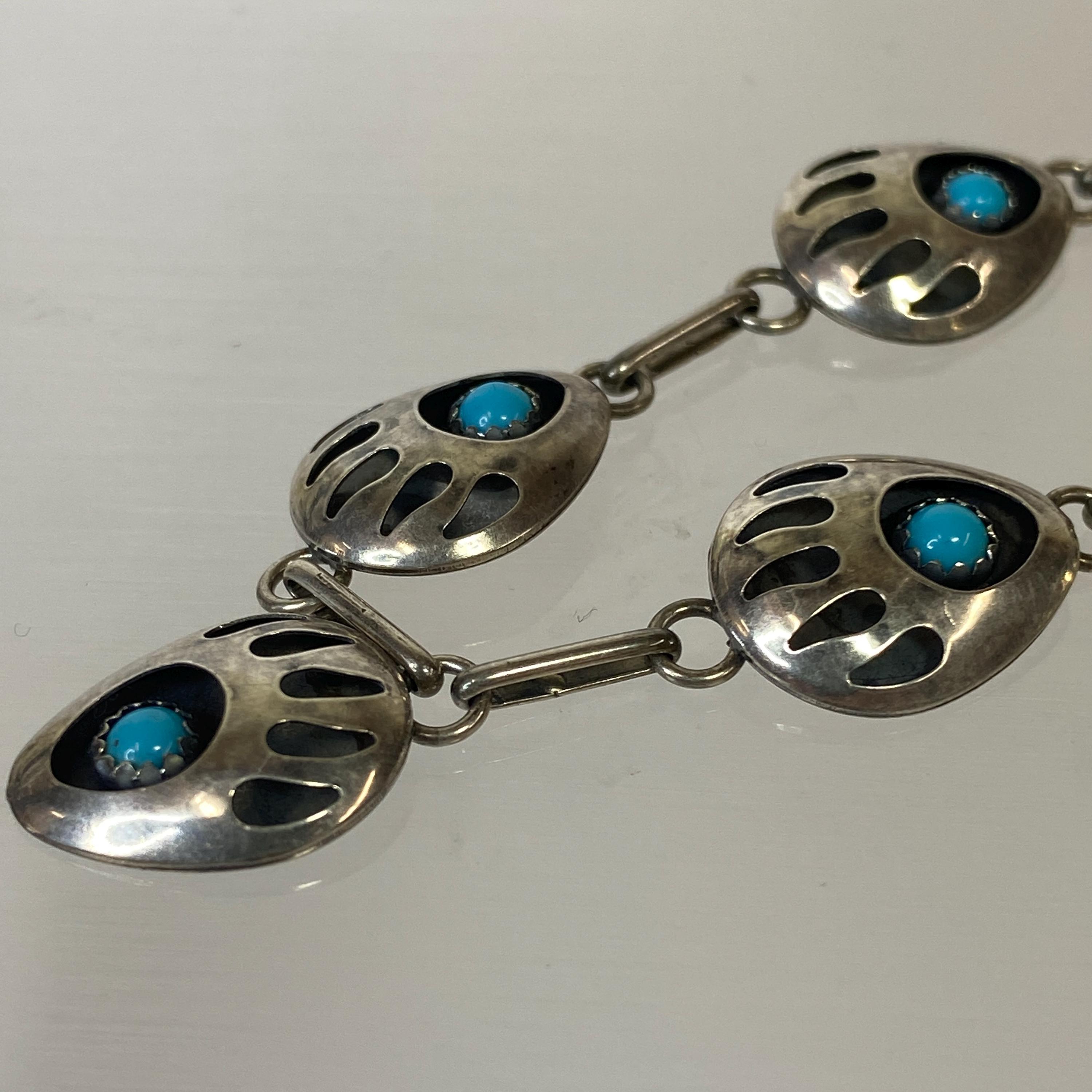 Navajo Turquoise Bear Paw Vintage Sterling Silver Shadowbox Necklace 20 ...