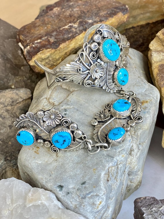 Navajo Running Bear ソノラン ターコイズ リング 19号 Navajo Running Bear Sterling Turquoise Hand Chain Bracelet Ring