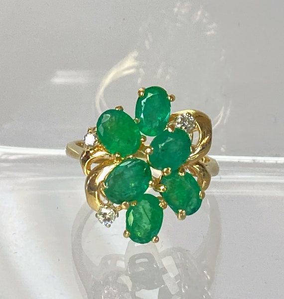 Solid 14K Yellow Gold Oval Emerald Natural Diamon… - image 1