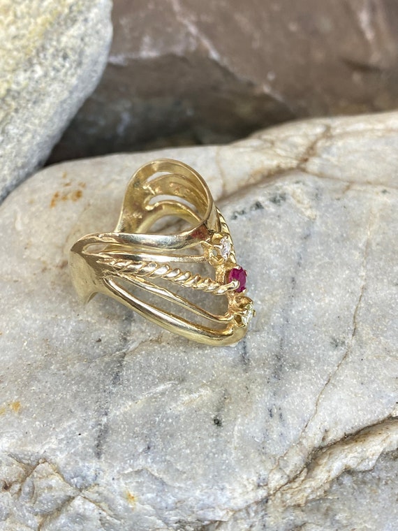 14K Yellow Gold Red Spinel & Diamond 3 Stone Mult… - image 9
