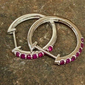 10k White Gold Huggie Hoop Earrings with 1/4 Carat Red Ruby Gemstone for Women
