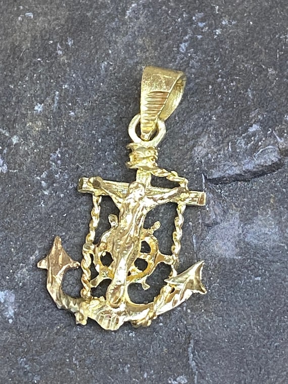 Solid 14K Yellow Gold Mariners Anchor Crucifix Cr… - image 2