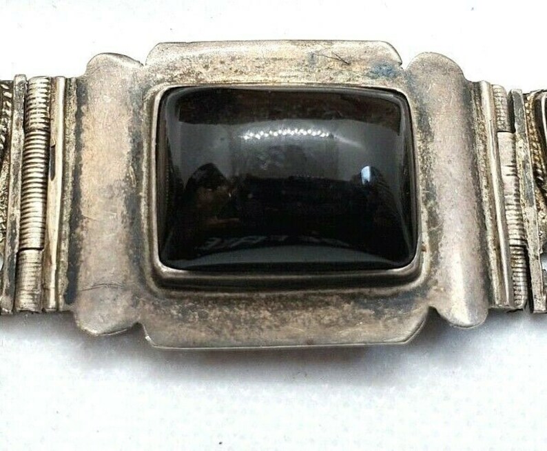 Sterling 8 Silver and Black Onyx Aztec Warrior 30.35mm Panel Bracelet **76.3g**