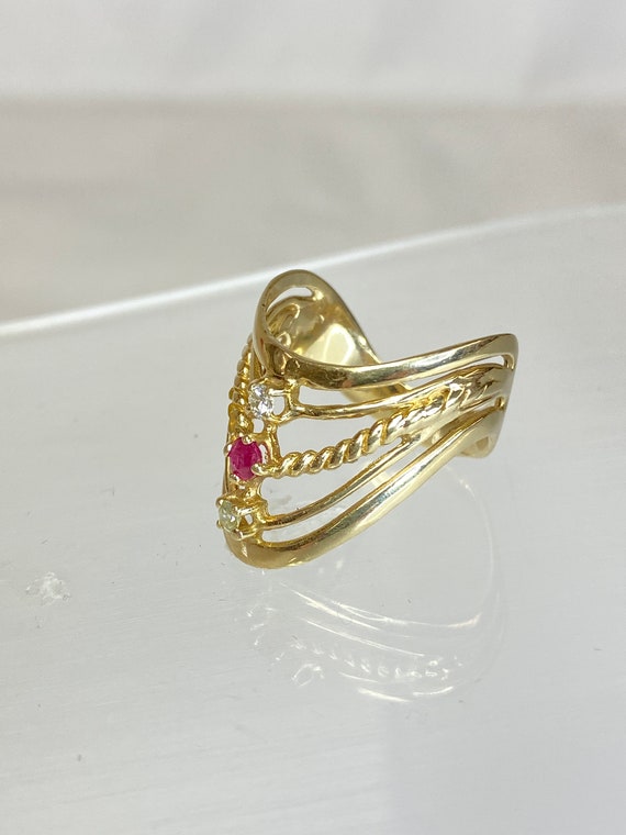14K Yellow Gold Red Spinel & Diamond 3 Stone Mult… - image 7