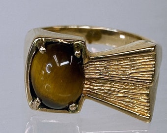 14K Yellow Gold 3.3TCW Natural Tigers Eye Reto Mens Womens Ring 8.9g Size 8.75