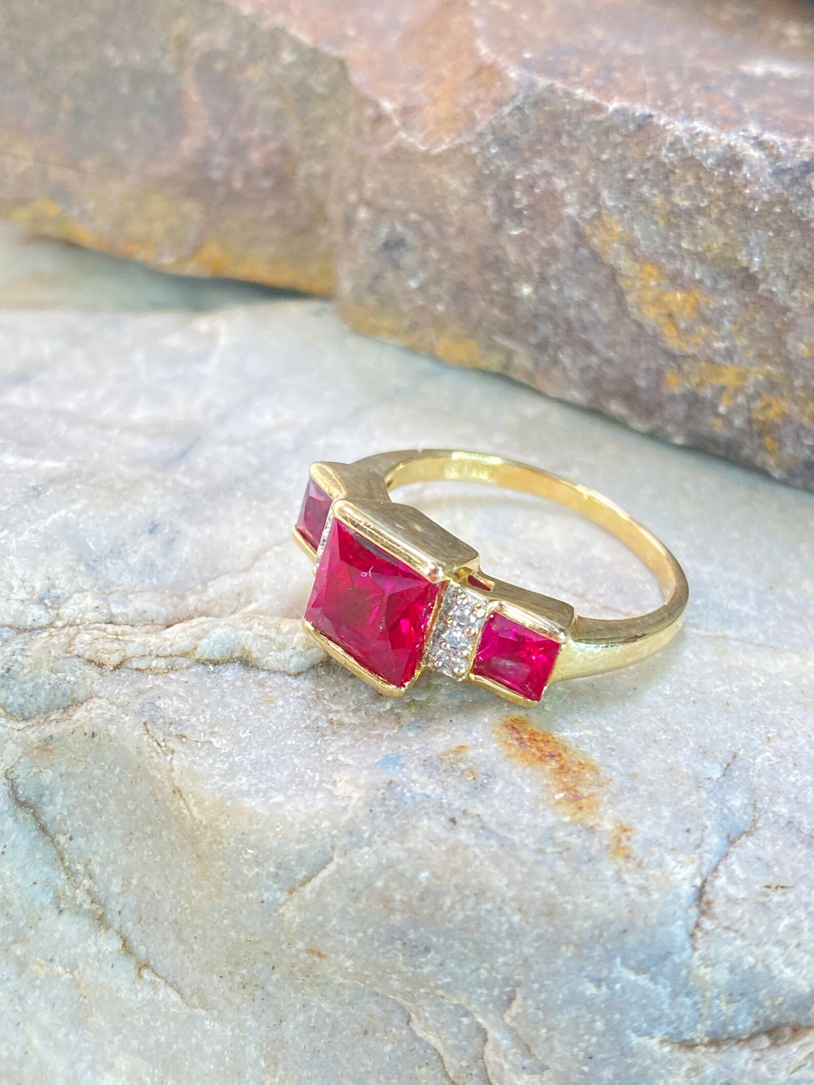 10K Yellow Gold 3 Carat Lab Princess Cut Ruby & Diamond 3 Stone Square ...