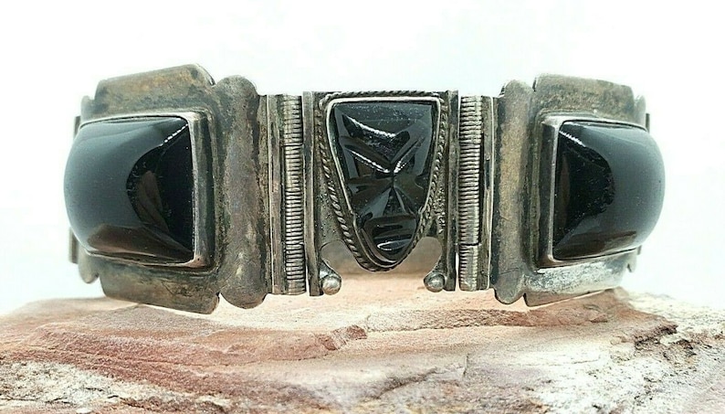 Sterling 8 Silver and Black Onyx Aztec Warrior 30.35mm Panel Bracelet **76.3g**