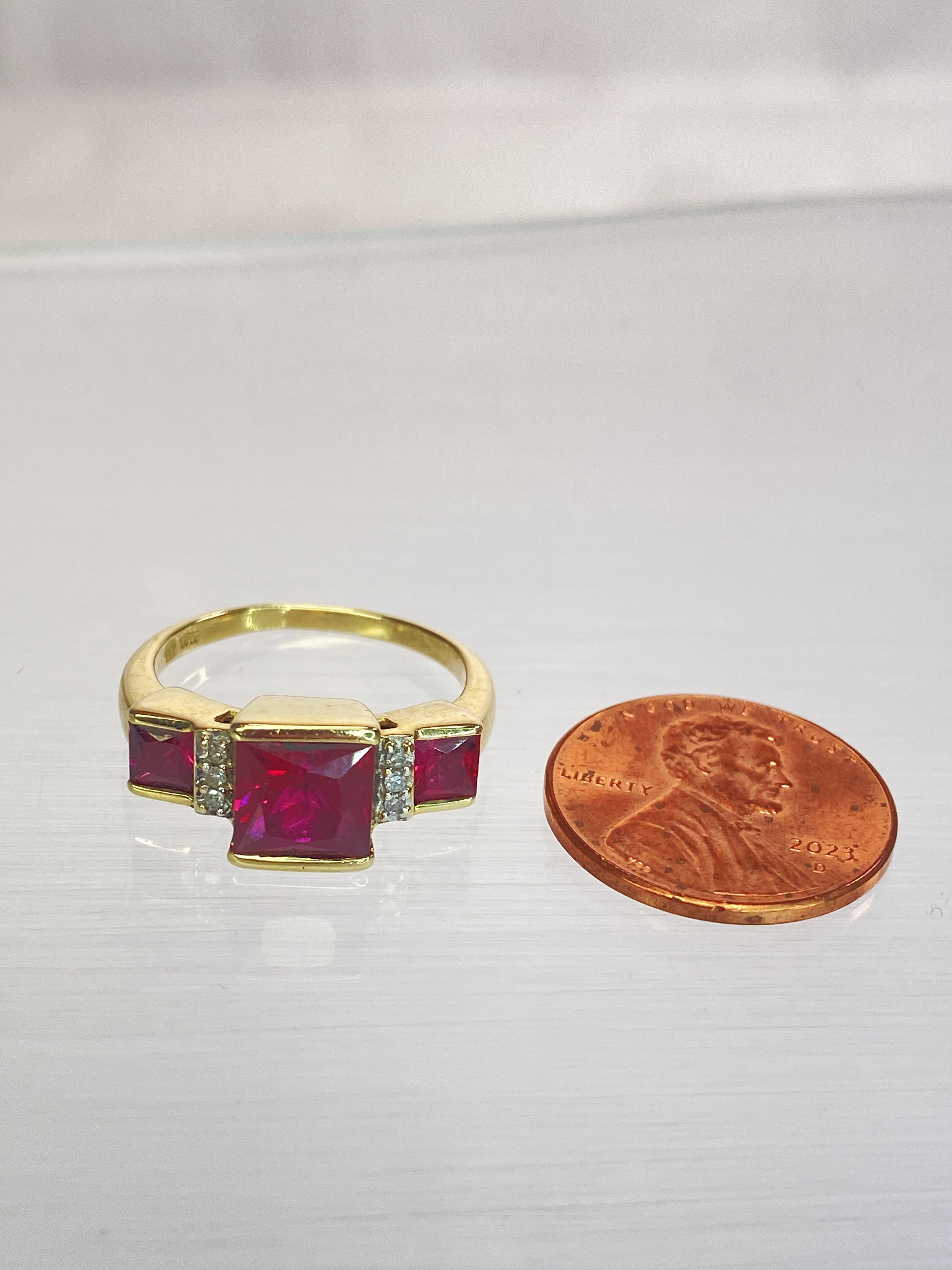 10K Yellow Gold 3 Carat Lab Princess Cut Ruby & Diamond 3 Stone Square ...