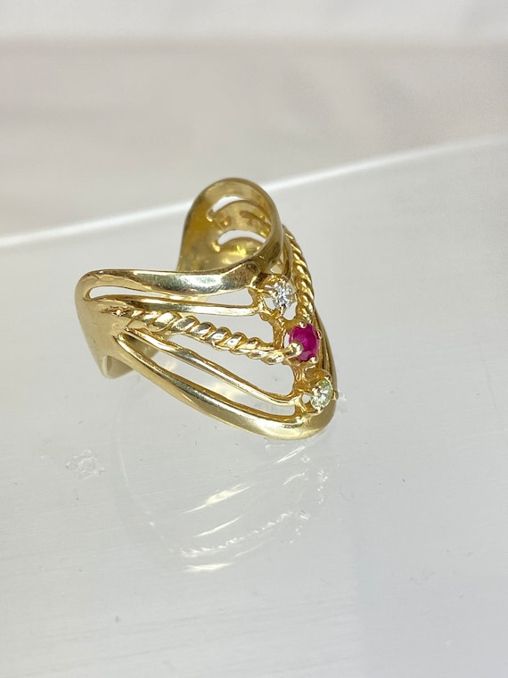 14K Yellow Gold Red Spinel & Diamond 3 Stone Mult… - image 2